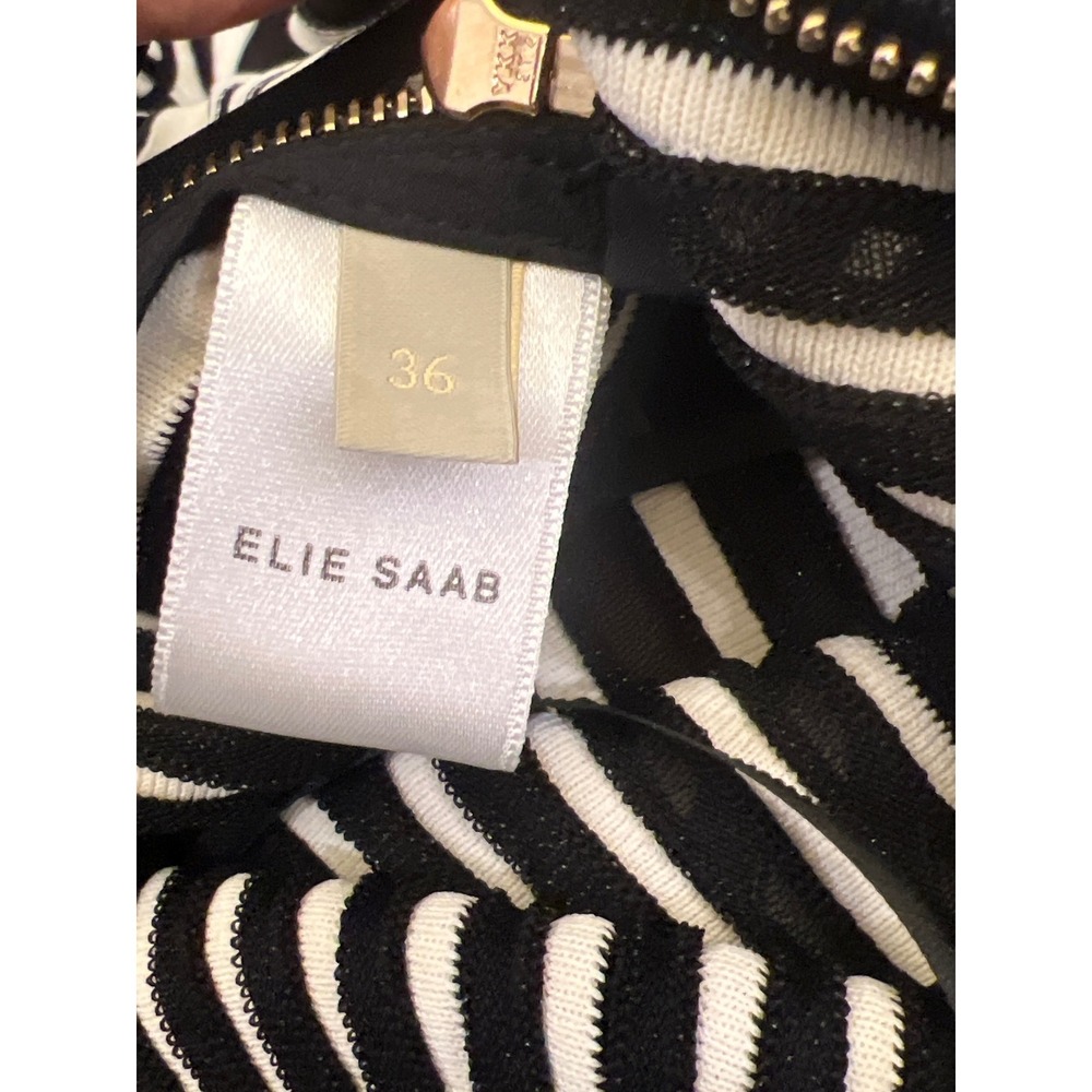 ELIE SAAB Floral Lace Knitted Long Sleeve Dress Black White Striped Chain Collar - Picture 15 of 16